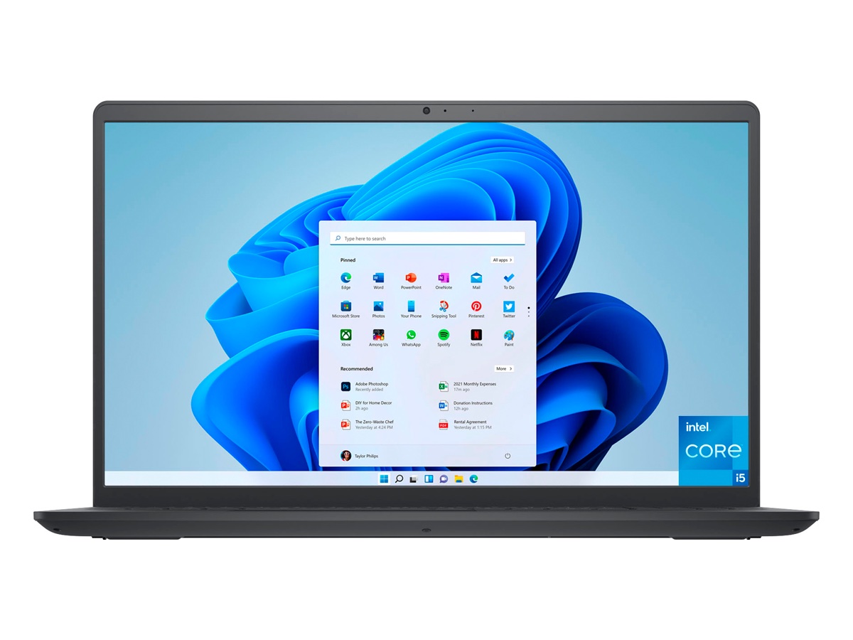 Der Dell Inspiron 3511 Touchscreen-Laptop in Schwarz vor weißem Hintergrund.