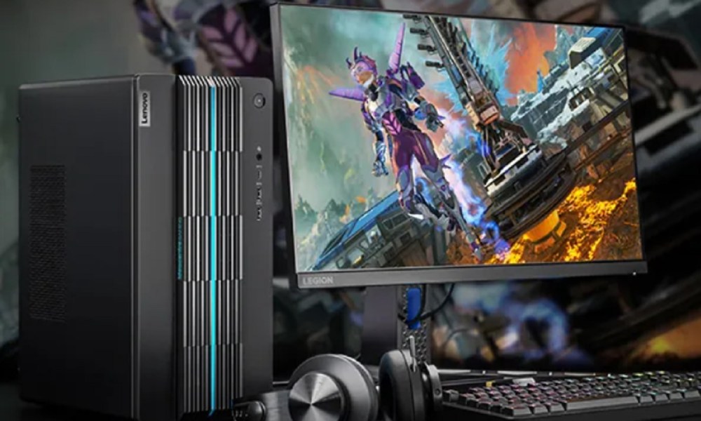 The Lenovo IdeaCenter Gaming 5i Gen 7 gaming PC with a monitor, keyboard, and headset.