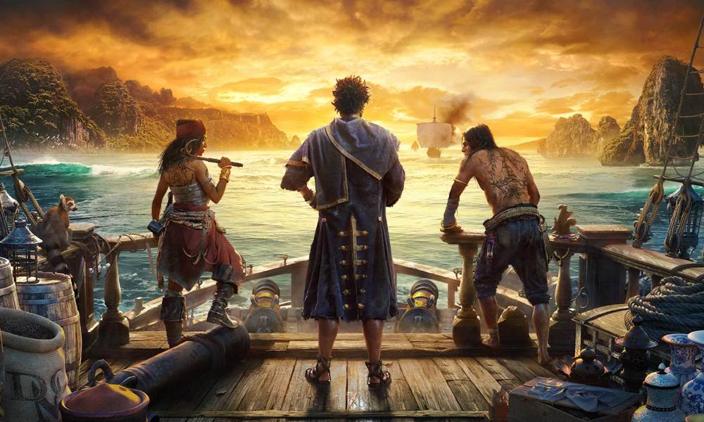 The pirates stand on the bow of a ship in Skull and Bones key art.