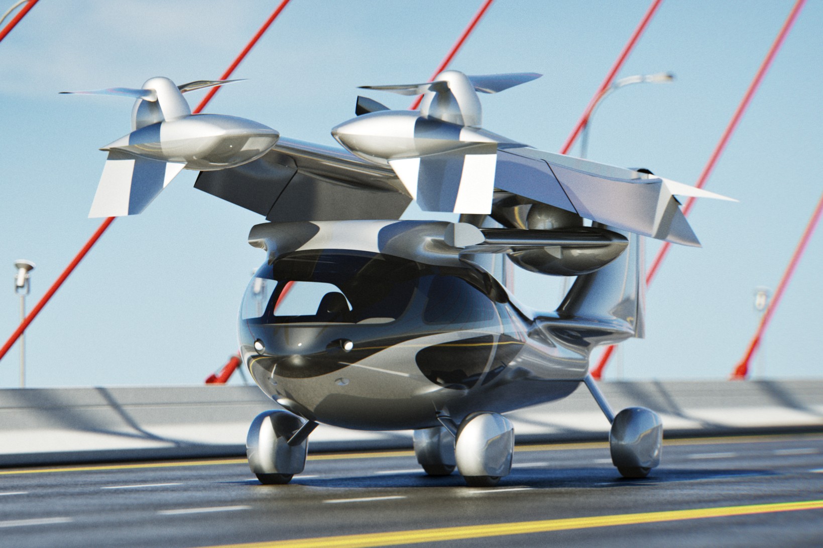 El automóvil volador Aska A5 cruza un puente con los brazos del rotor plegados para guardarlos.