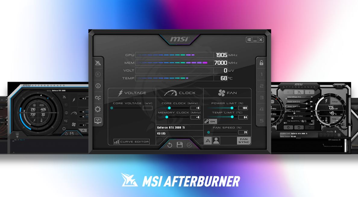 Capturas de tela do MSI Afterburner sobre um fundo colorido.