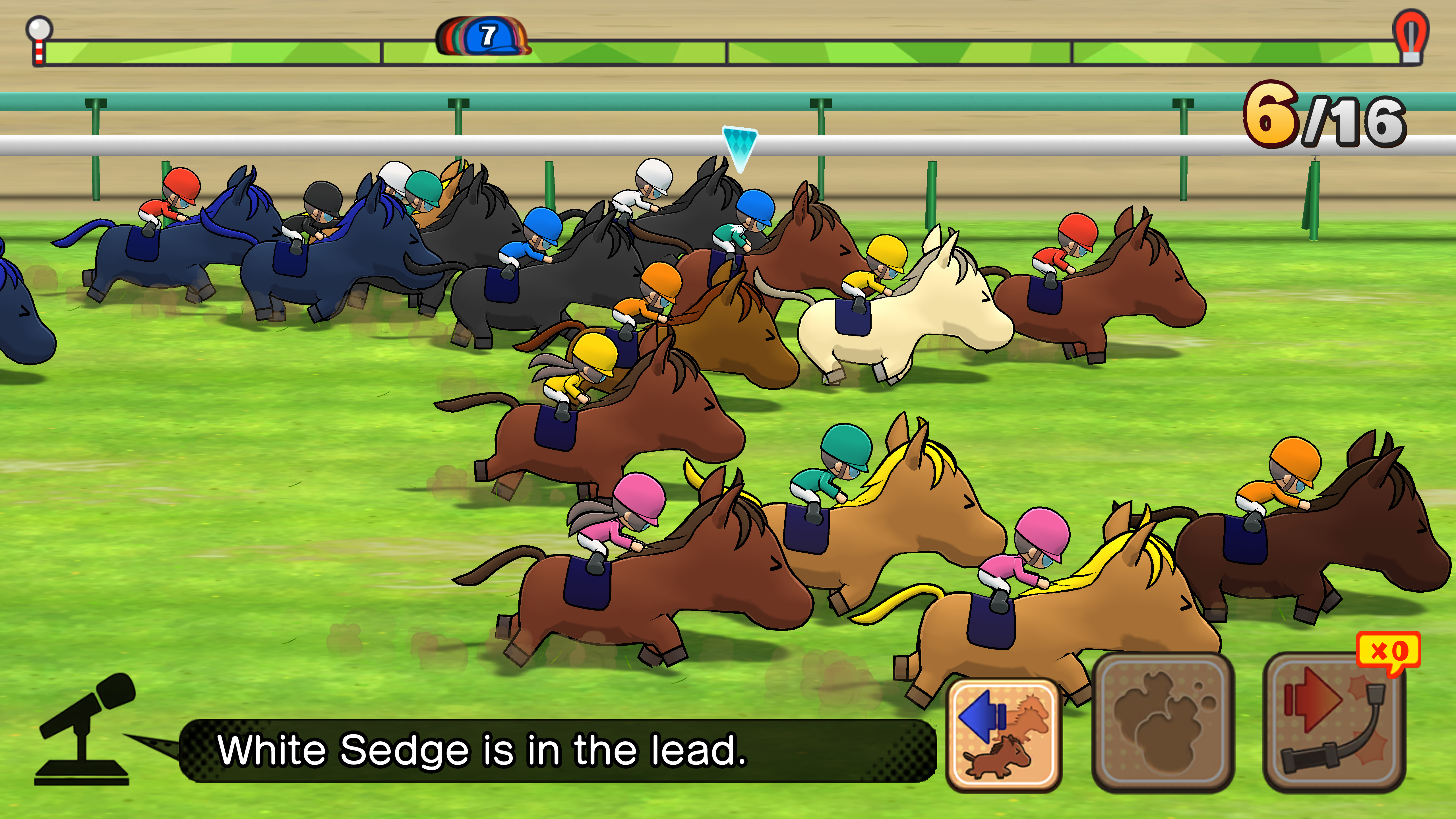 Cavalos correm para a linha de chegada em Pocket Card Jockey: Ride On!