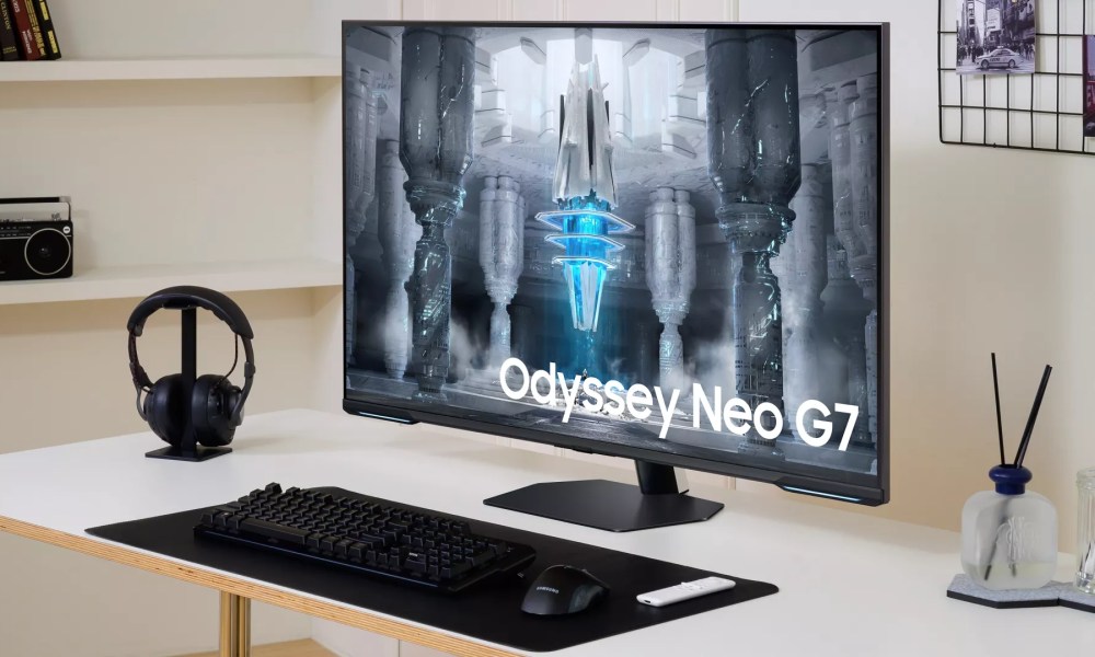 Samsung's Odyssey Neo G7 on a desk.