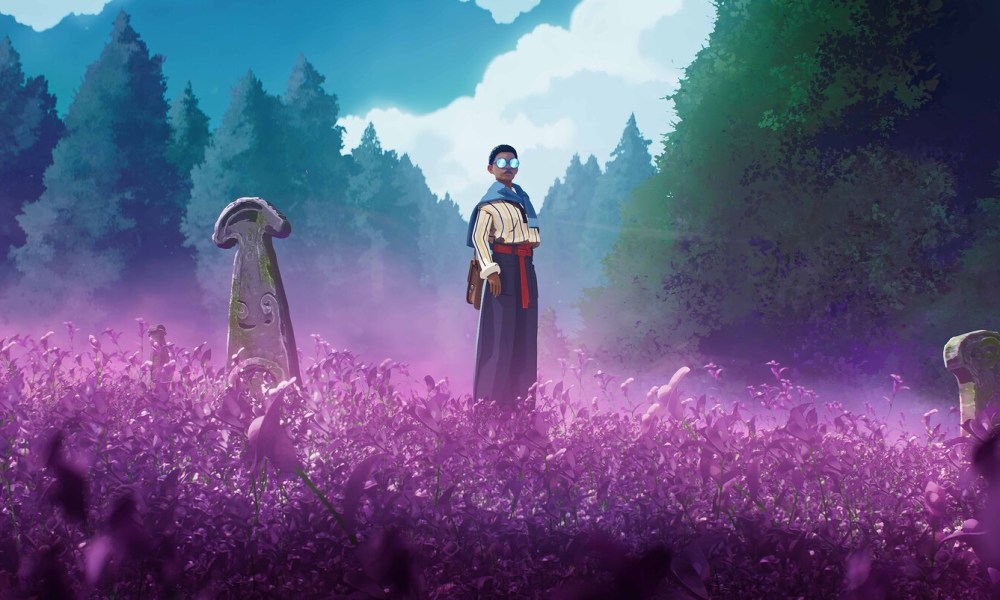 The main character of Season: A Letter to the Future stands in a field of purple flowers.