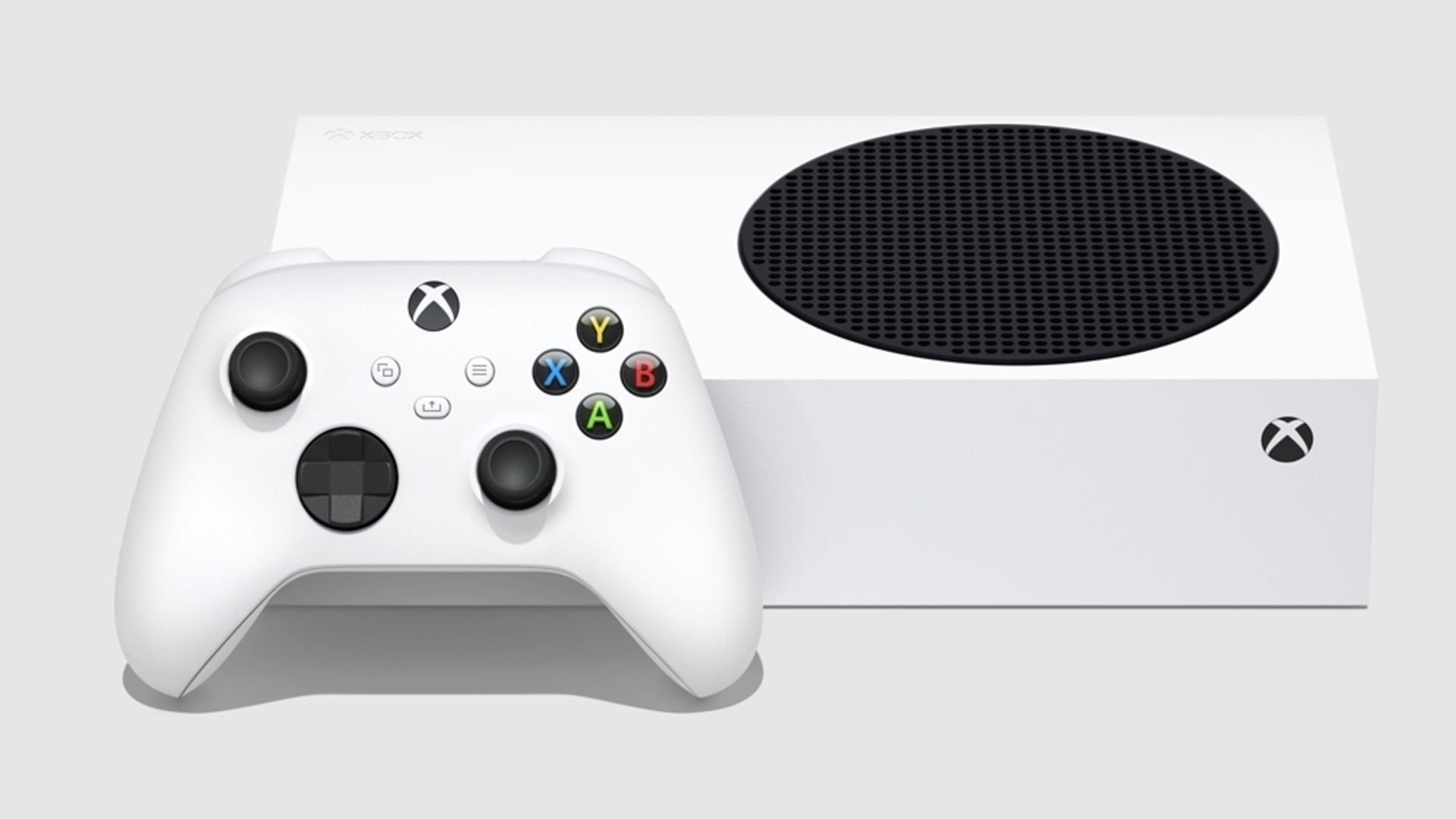 The Xbox Series S console with the controller on its side.