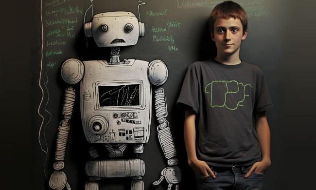 A MidJourney rendering of a student and his robot friend in front of a blackboard.