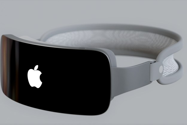 A rendering of an Apple mixed-reality headset (Reality Pro) in a gray color seen from the front.