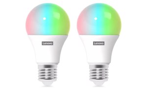 Two Lenovo Smart Bulbs sitting next to each other on a white background.