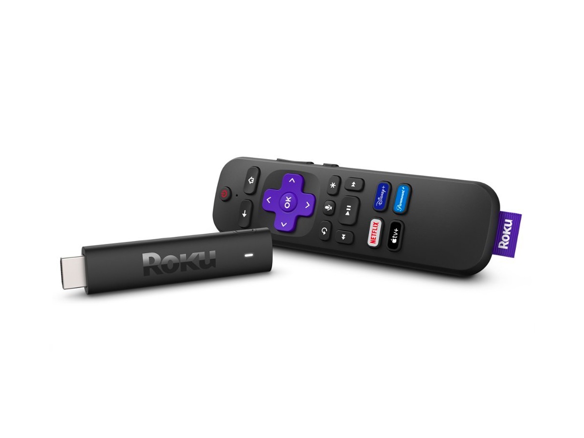 The Roku Streaming Stick 4K and included remote control.