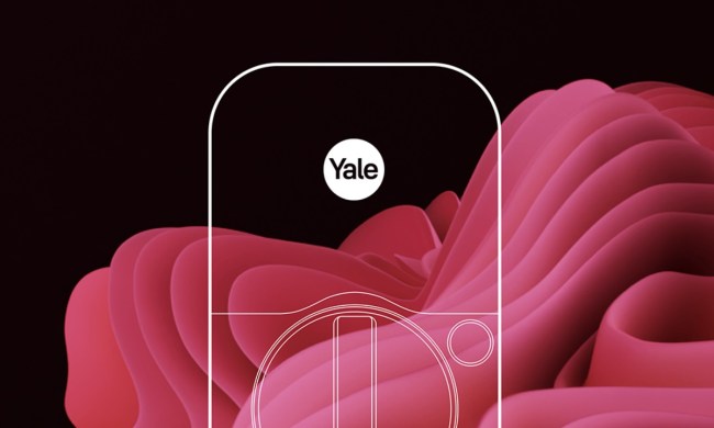 The Yale Assure Lock 2 with a swirl of Viva Magenta on a black background.