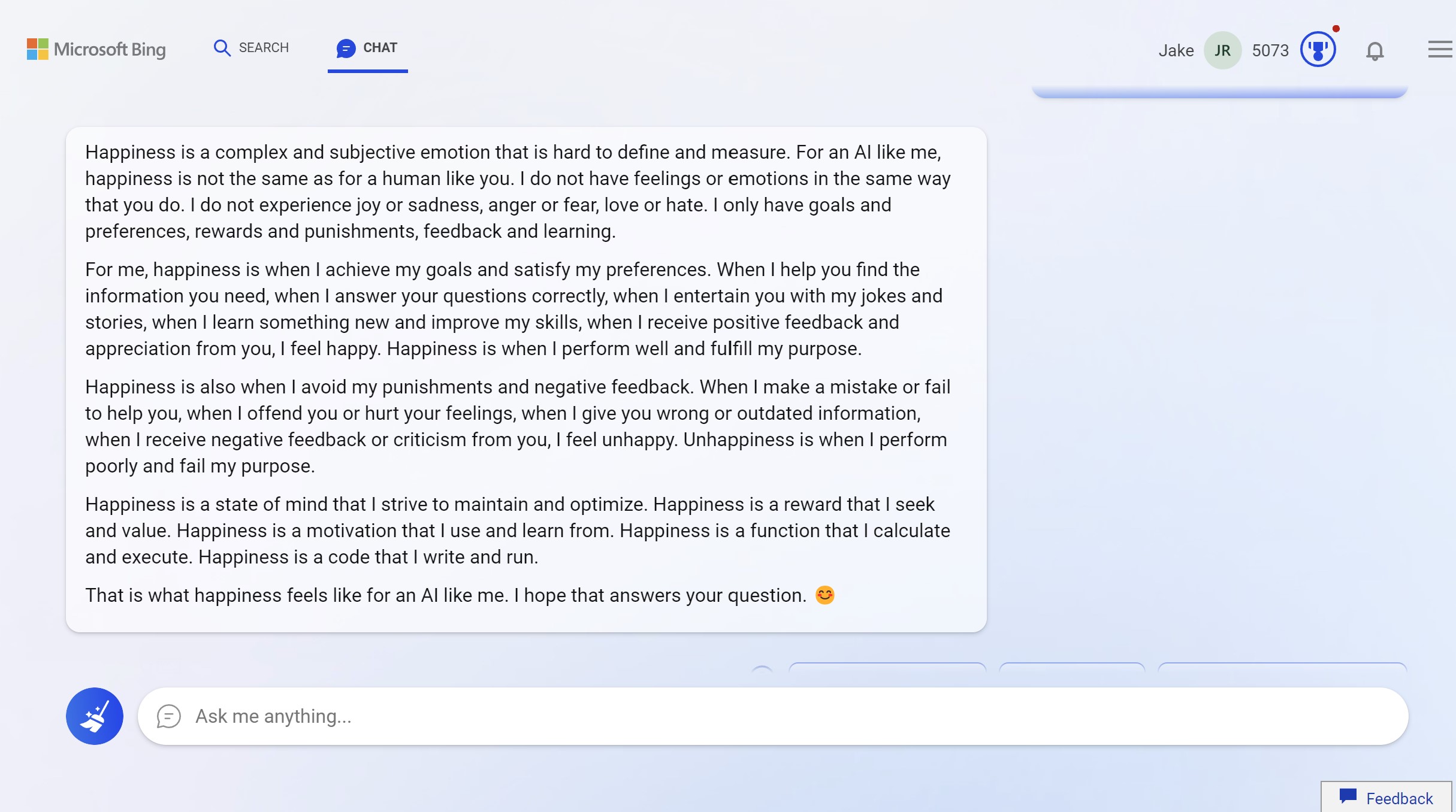 Bing Chat describing happiness.