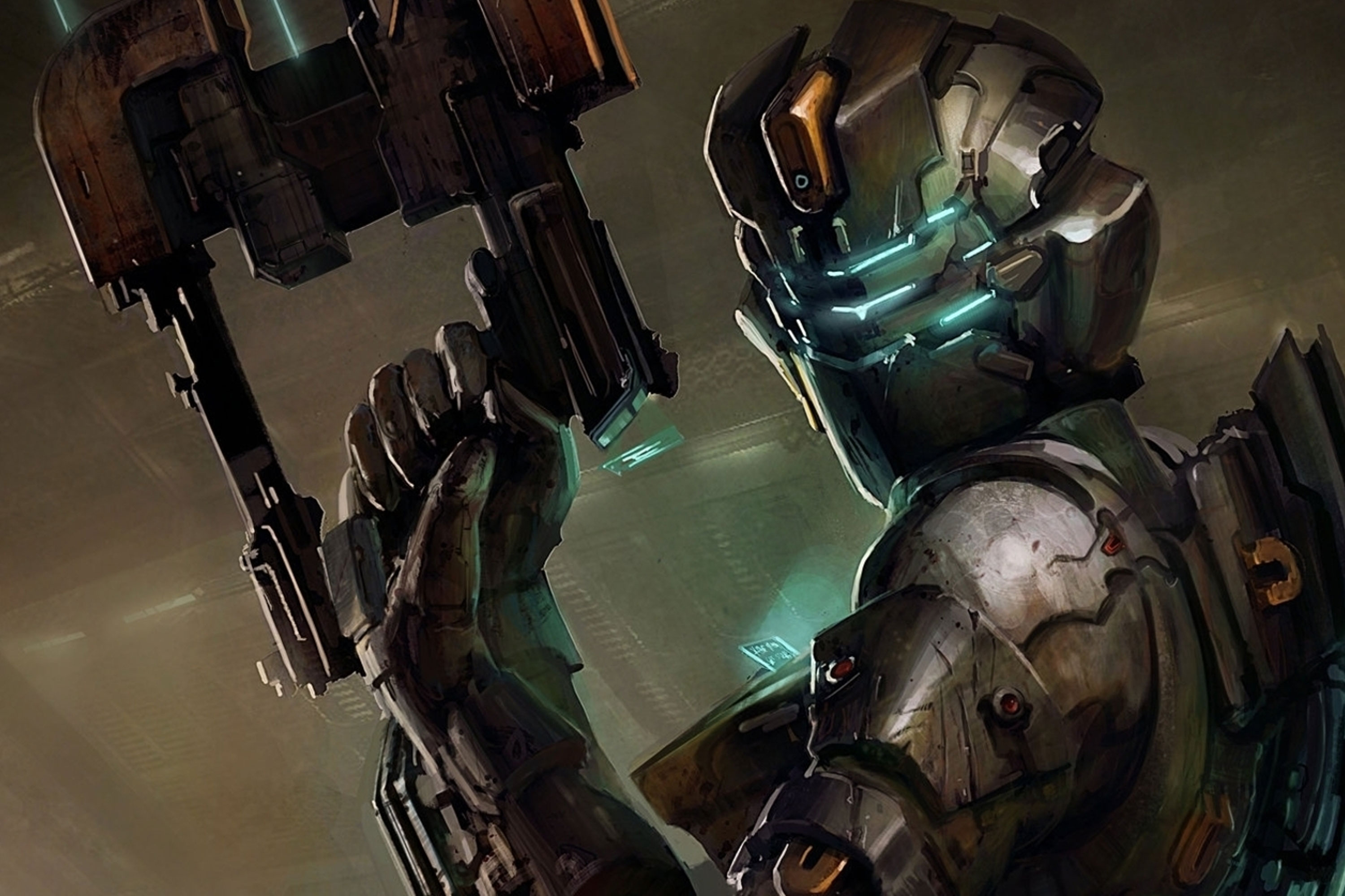 A promotional image from Dead Space 2 of Isaac Clarke holding a plasma cutter.