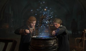 Two students lean over a cauldron in Hogwarts Legacy.