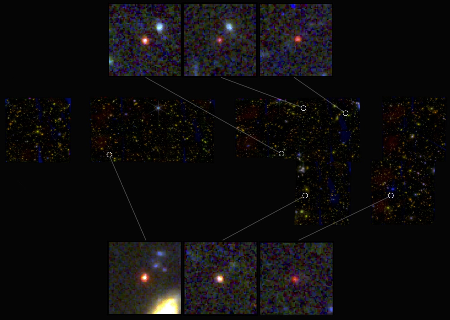 Images de six galaxies massives candidates, vues 500 à 700 millions d'années après le Big Bang. L'une des sources (en bas à gauche) pourrait contenir autant d'étoiles que notre Voie lactée actuelle, selon les chercheurs, mais elle est 30 fois plus compacte.