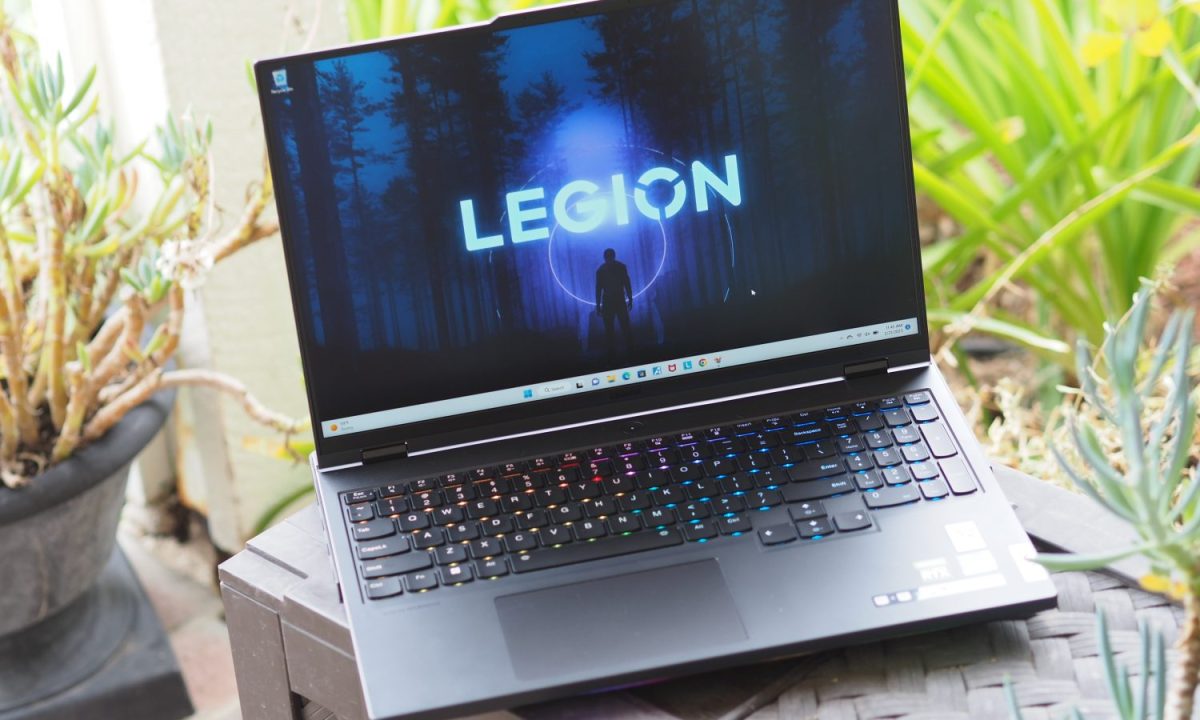 Lenovo Legion Pro 7i on a desktop surface outside.