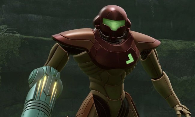 Samus Aran stands tall in Metroid Prime Remastered.