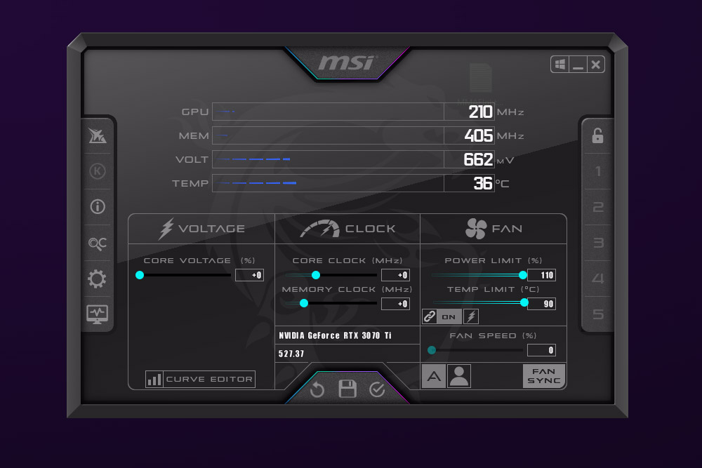 Ρυθμιστικό ορίου ισχύος MSI Afterburner.