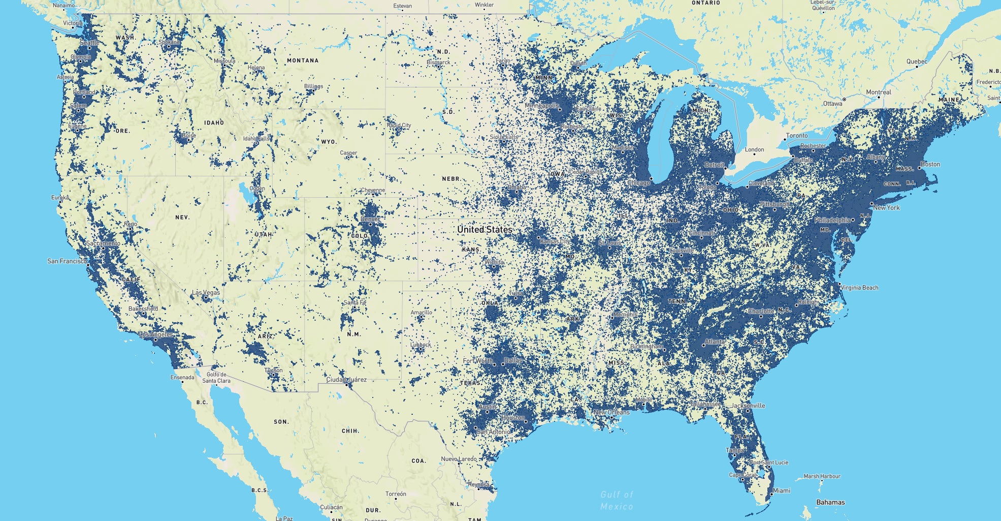 La carte de couverture Amazon Sidewalk montrant tous les hotspots Sidewalk.