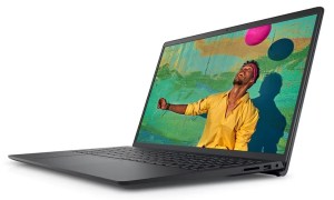 The Dell Inspiron 15 at a side angle while showing an image of a man and a ball.