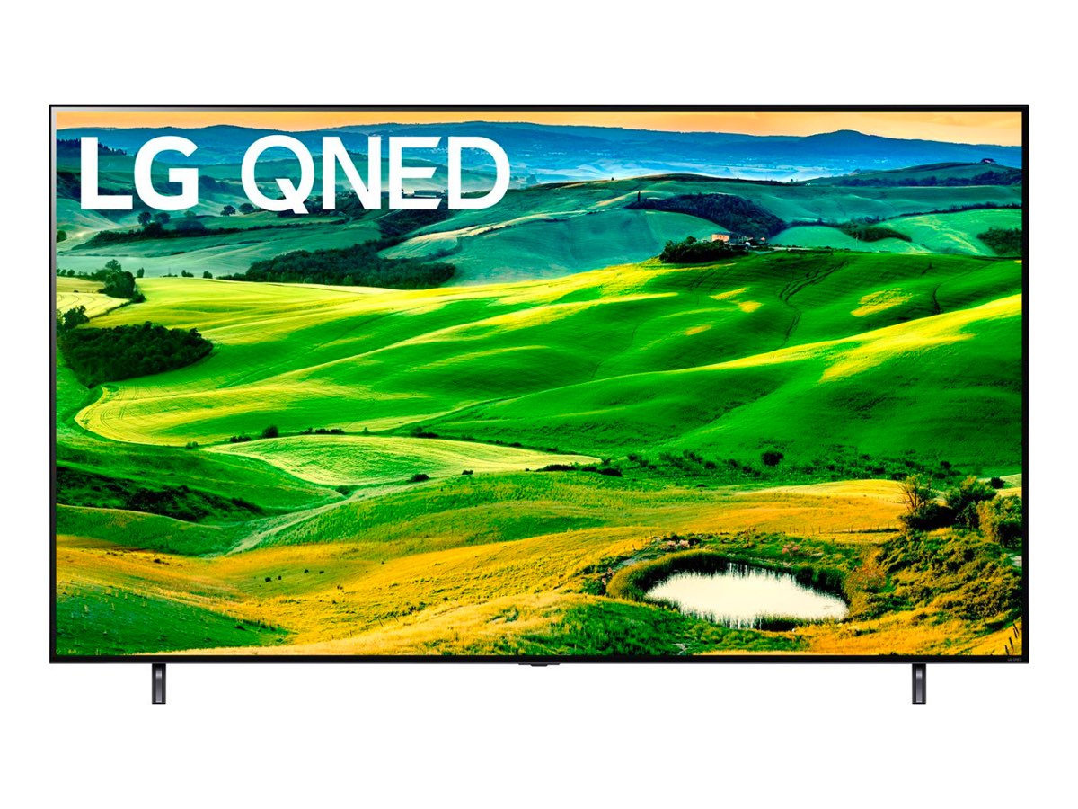 El televisor LG Serie 80 4K QNED sobre un fondo blanco.