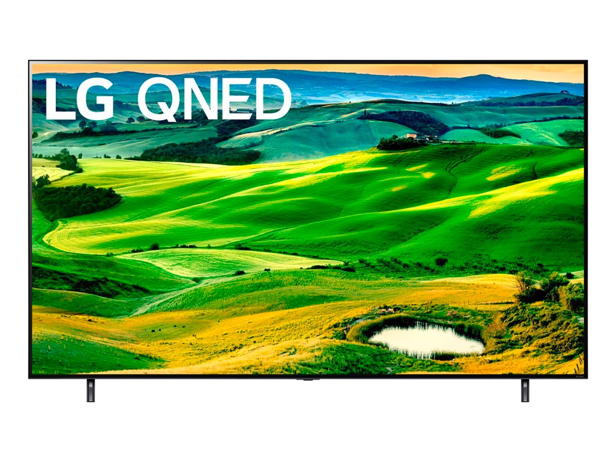 A TV LG 80 Series 4K QNED contra um fundo branco.