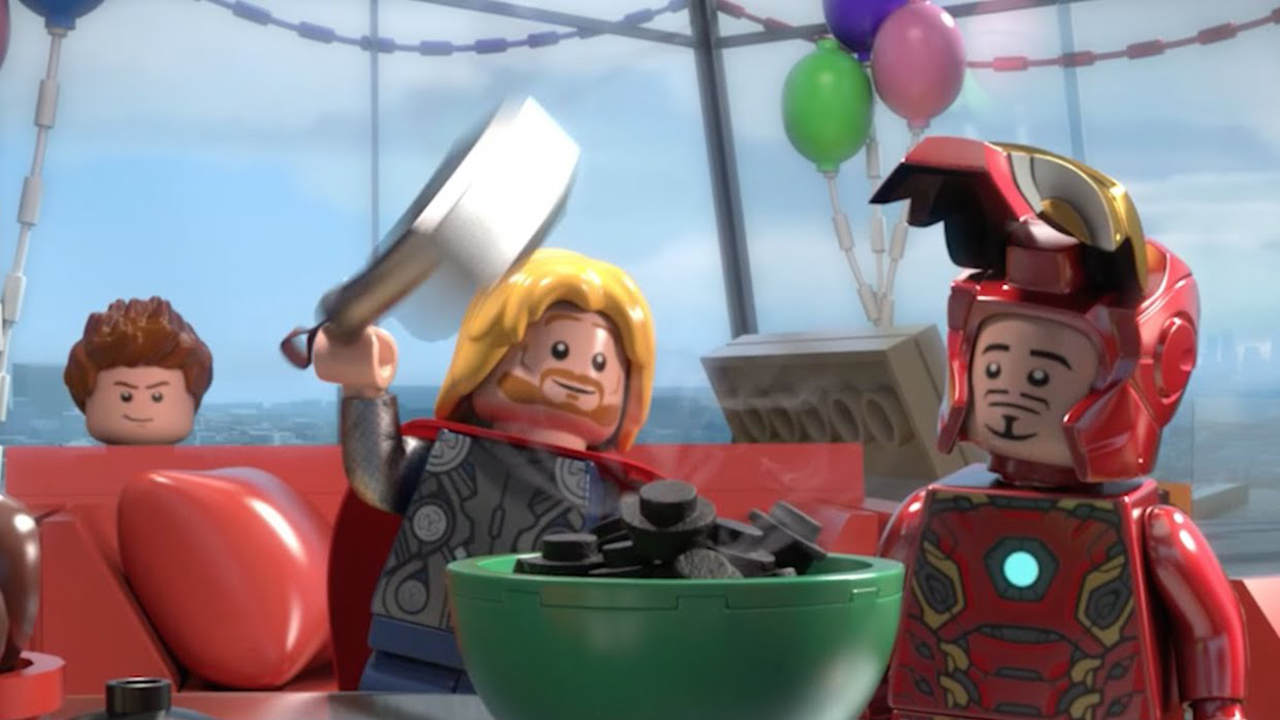 Lego Marvel Super Heroes Avengers Personajes reensamblados trabajando juntos.