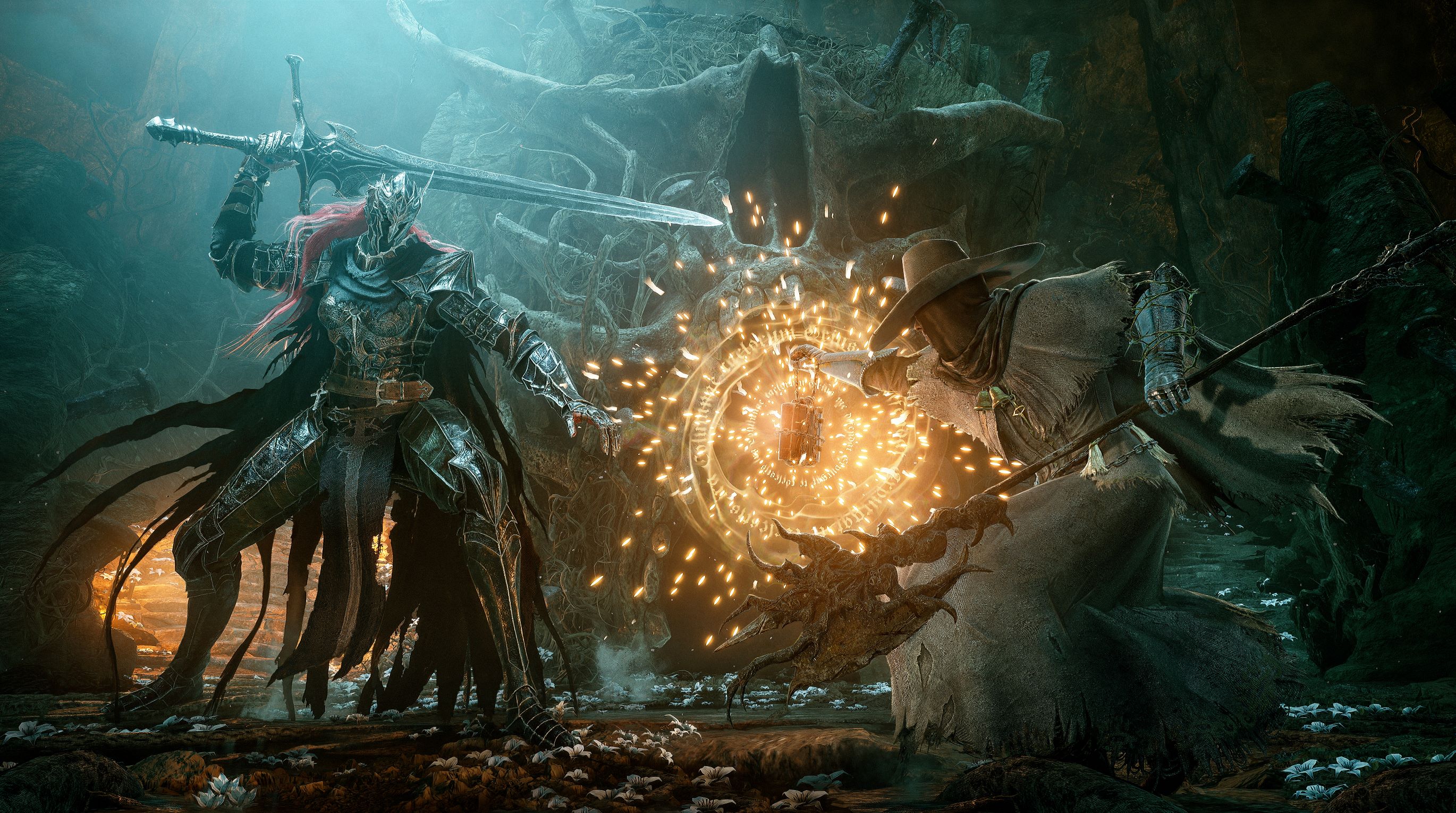 A cleric fights a boss in Lords of the Fallen.