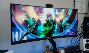 Alienware ultrawide OLED on a desk.