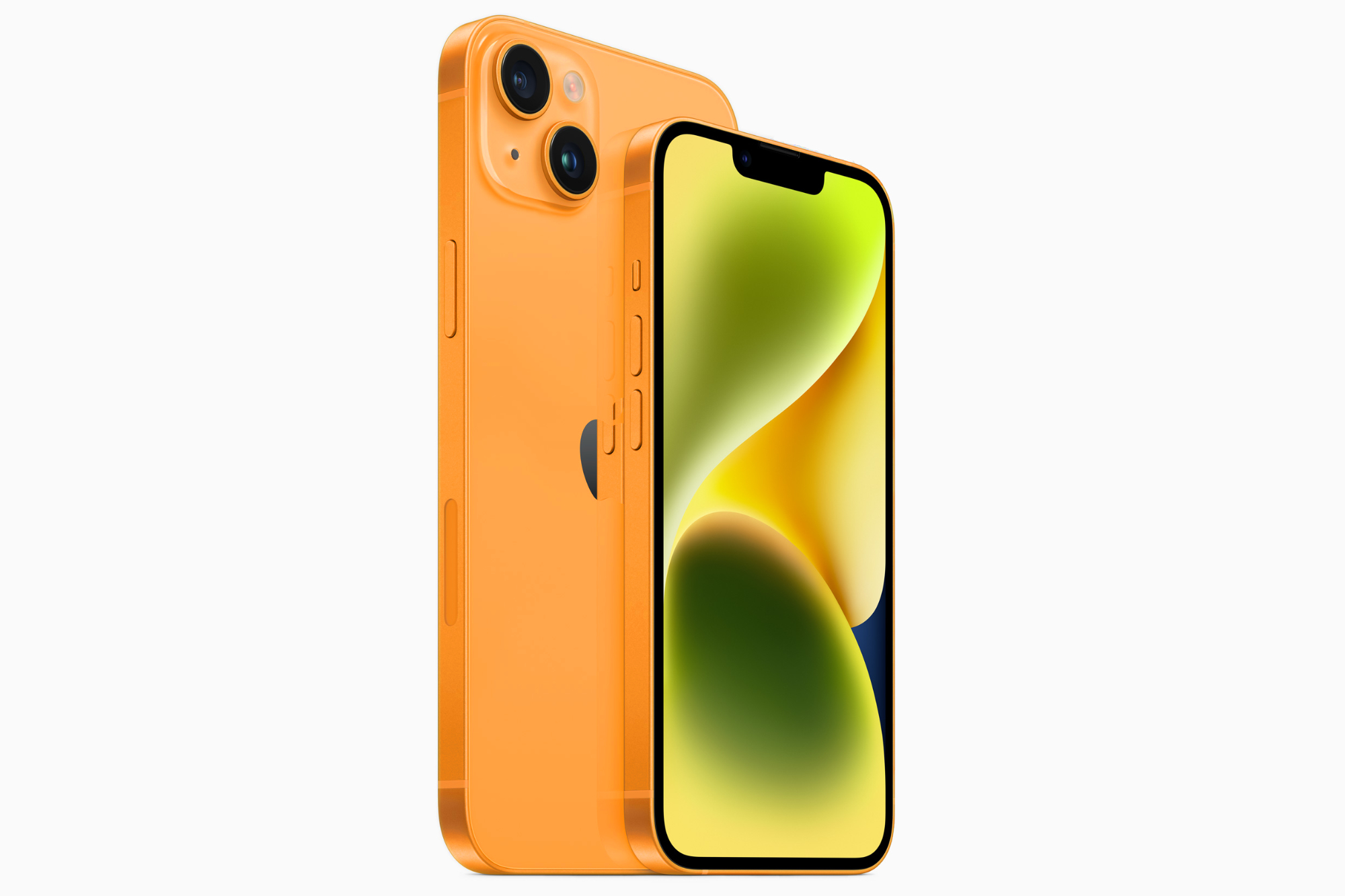 Mockup render do iPhone 14 na cor laranja.