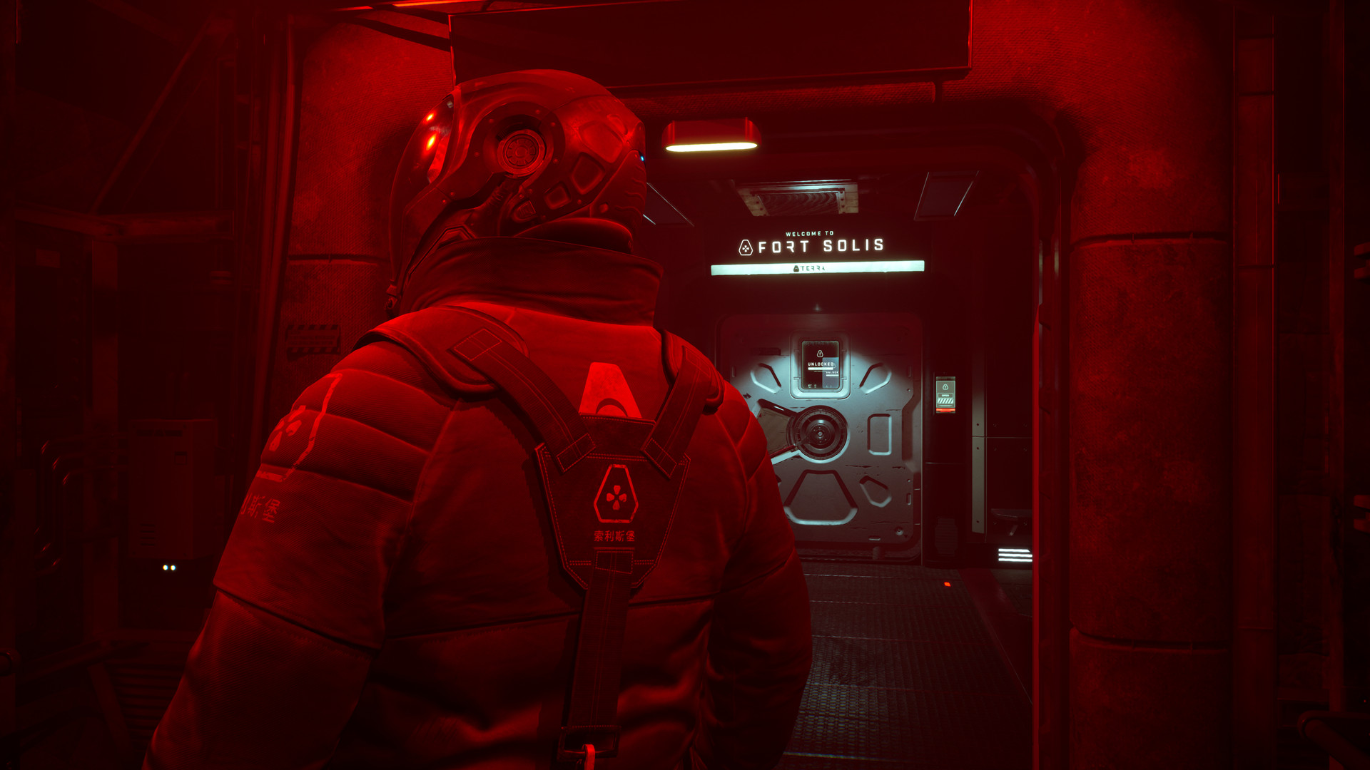 A Fort Solis character stands in a red hallway.