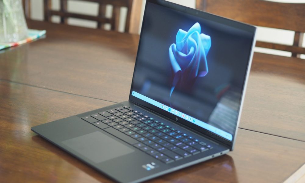 The HP Dragonfly Pro Chromebook on a table.