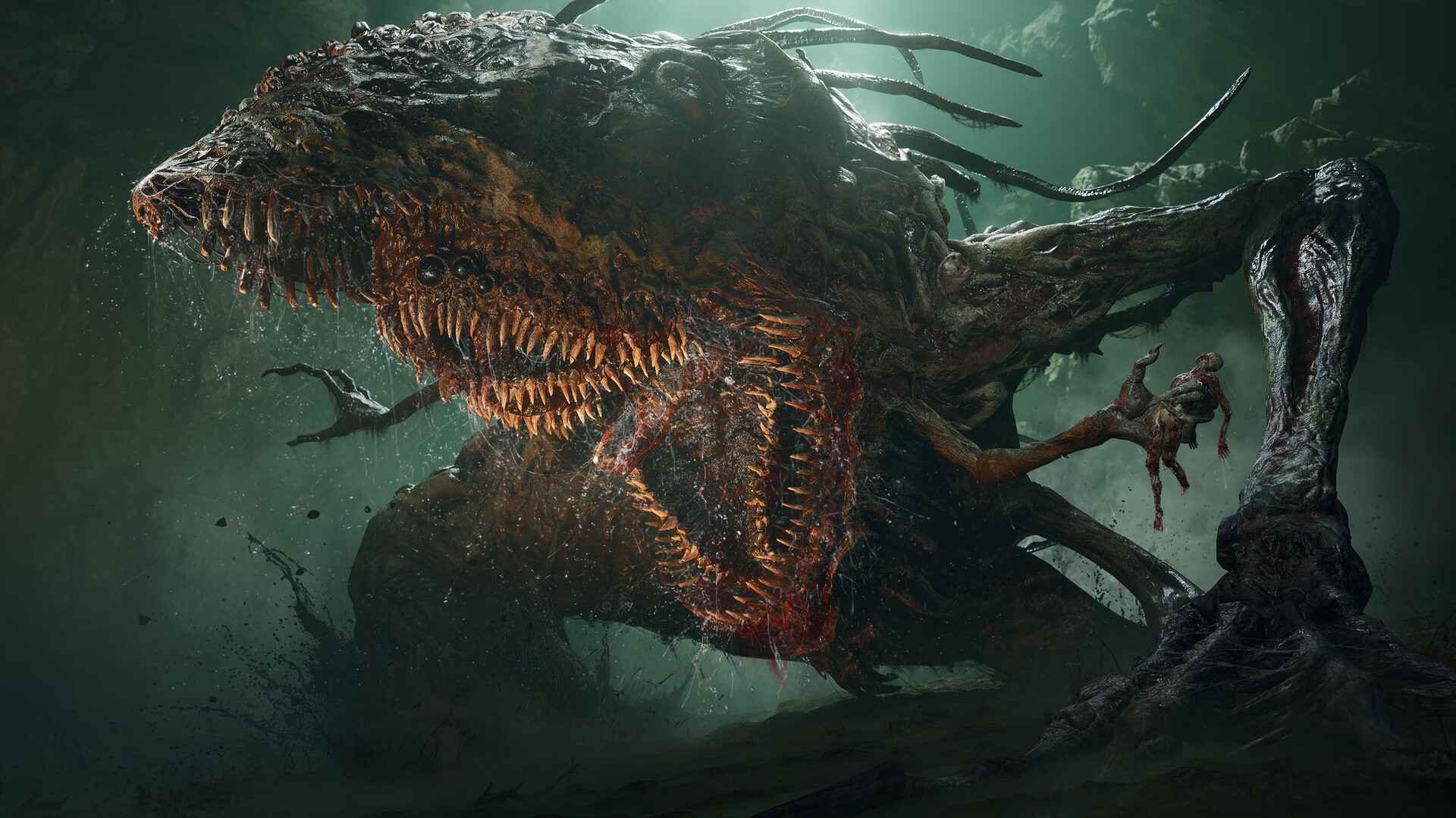 A boss with a giant mouth grabs a player in Lords of the Fallen.