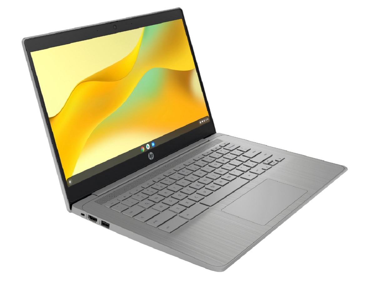 HP Chromebook 14a con fondo de pantalla amarillo y verde