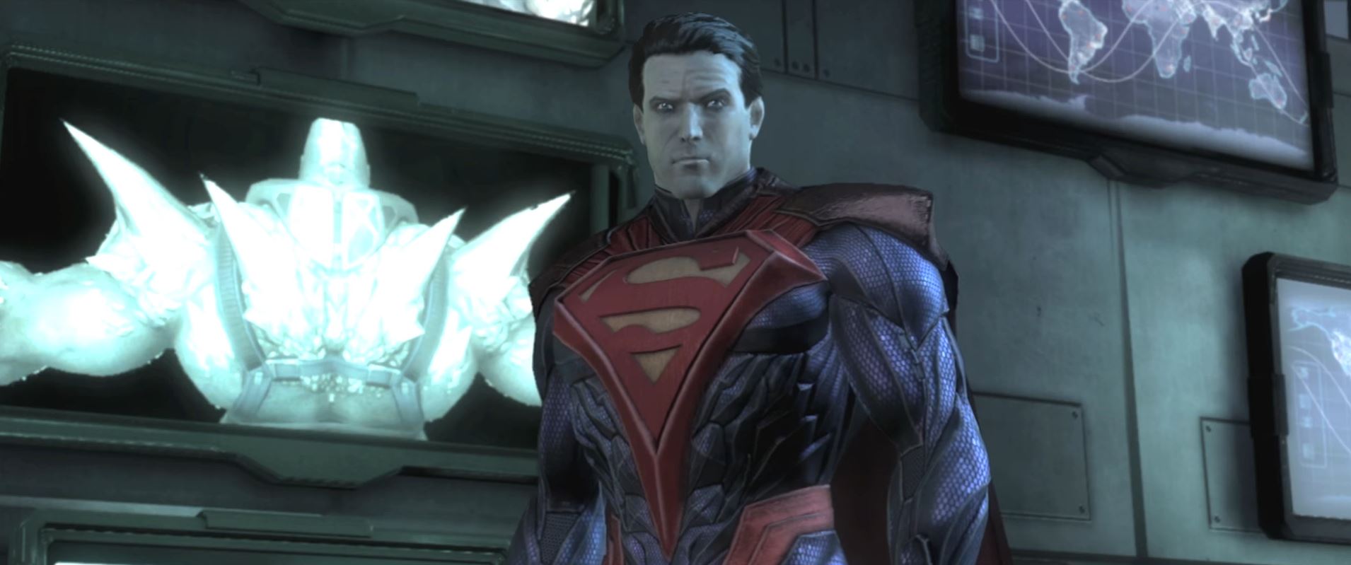 Evil Superman stares at the camera in Injustice: Gods Among Us.