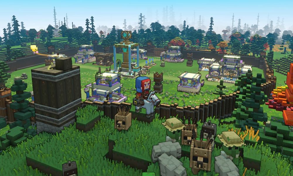 A player stands outside their village with mobs in Minecraft Legends.