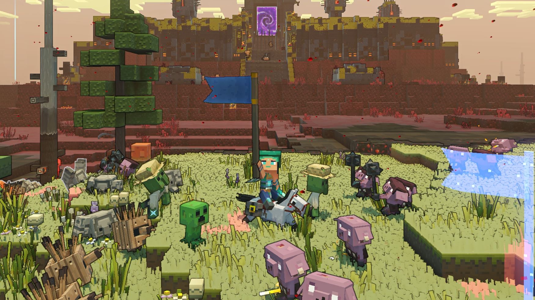 یک بازیکن اوباش را احضار می کند تا به یک پاسگاه Piglin در Minecraft Legends حمله کنند.