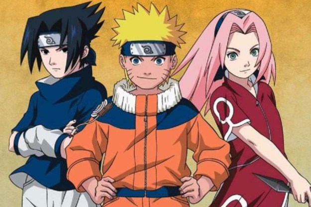 Sasuke, Naruto, and Sakura in key art for the Naruto anime.