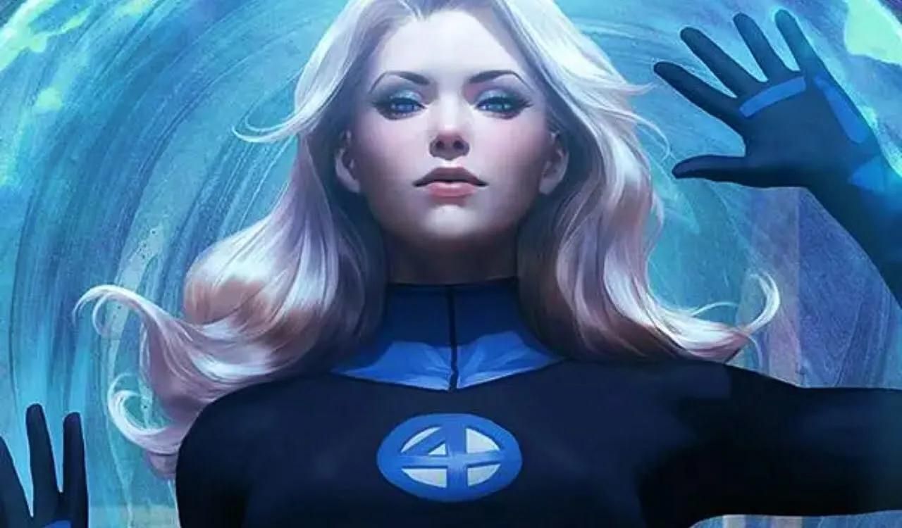 Sue Storm lanzando un escudo invisible en Marvel Comics.