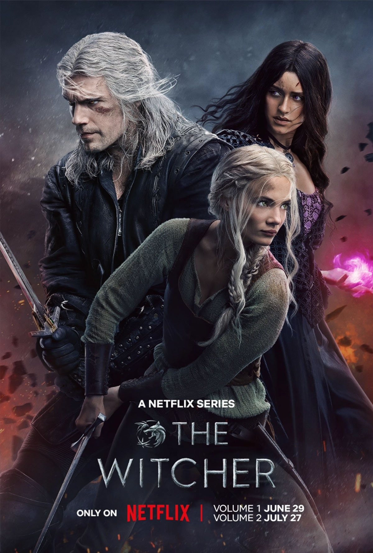 Henry Cavill, Freya Allan und Anya Chalotra in The Witcher.