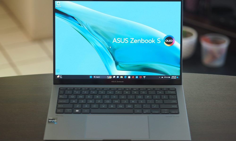 Asus ZenBook S 13 OLED 2023 front view showing display and keyboard deck.