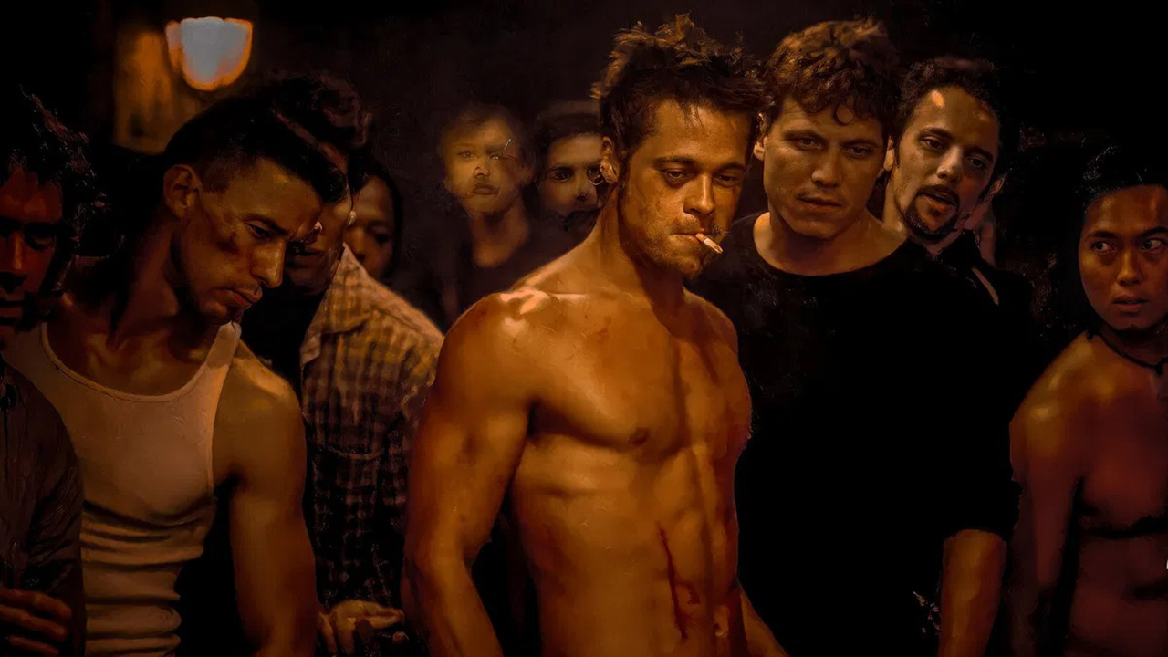 Tyler Durden du Fight Club debout torse nu, cigarette à la bouche, regardant vers le bas, avec un groupe d'autres hommes derrière lui.