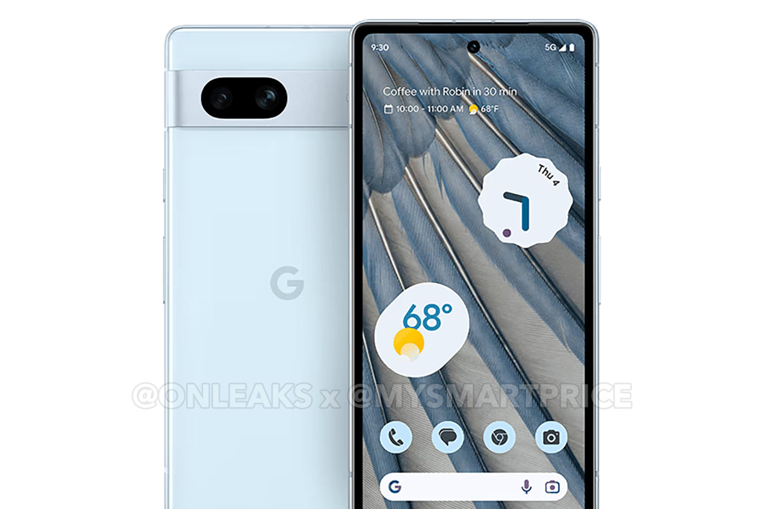 Ein durchgesickerter Rendering des Google Pixel 7a in blauer Farbe.