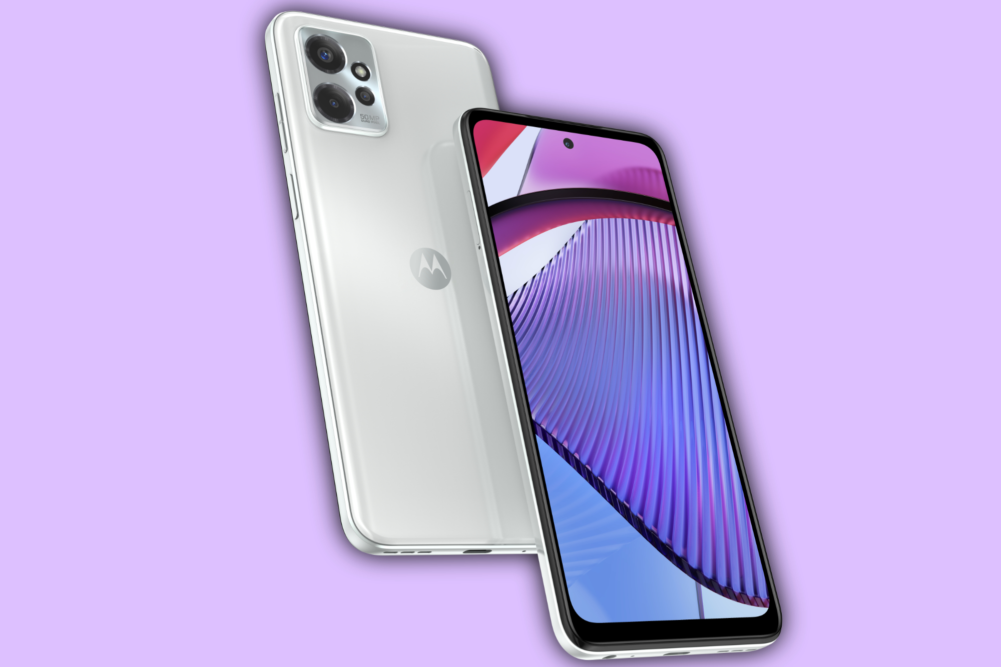 Rendering des Motorola Moto G Power 5G in weißer Farbe vor hellviolettem Hintergrund.