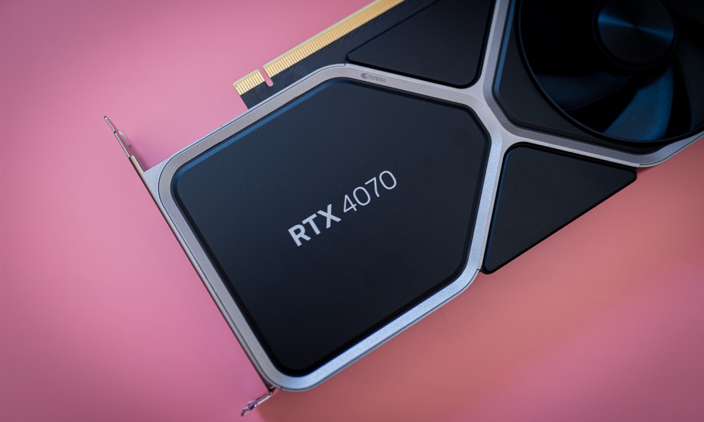 The RTX 4070 graphics card on a pink background.