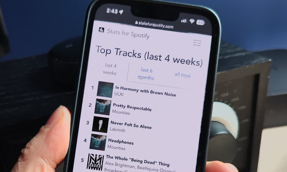 An iPhone with the Stats for Spotify screen on it being held in a hand.