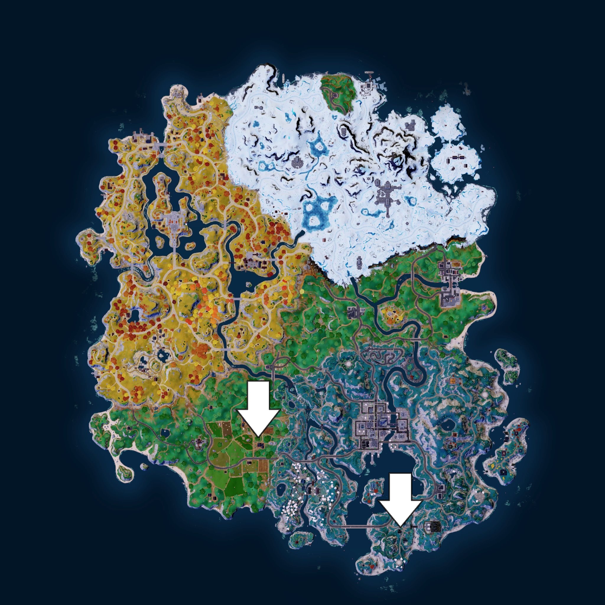 A birds-eye Fortnite map.