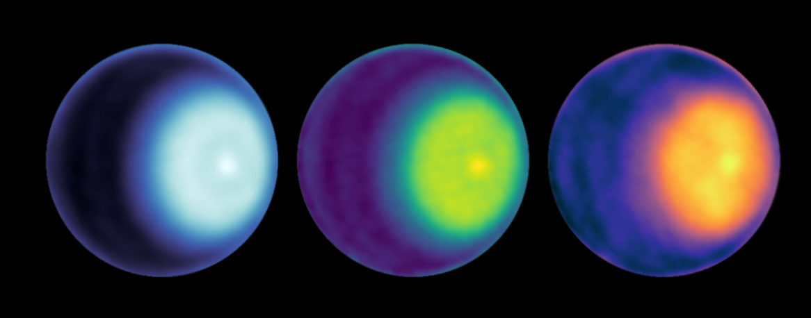 NASA-Wissenschaftler nutzten Mikrowellenbeobachtungen, um den ersten Polarzyklon auf Uranus zu entdecken, der hier als heller Punkt rechts von der Mitte in jedem Bild des Planeten zu sehen ist. Die Bilder verwenden die Wellenlängenbänder K, Ka und Q (von links). Um Zyklonmerkmale hervorzuheben, wurde für jeden eine andere Farbkarte verwendet.