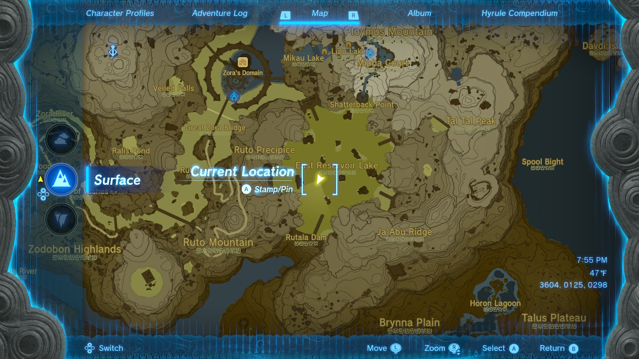 Location of Ancient Zora Waterworks on Link's map