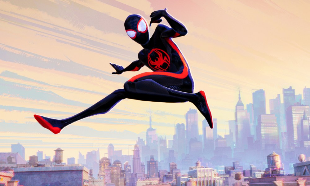 Miles Morales soars through the air in Spider-Man: Across the Spider-Verse.