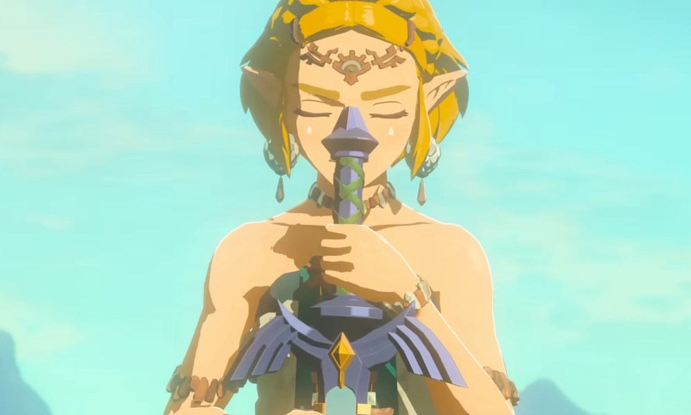 Zelda with the Master Sword in Tears of the Kingdom.